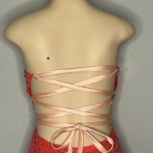 Y2K Xcite Coral Pink Strapless Sequin Beaded Gown | Size 6 | Lace-Up Open Back